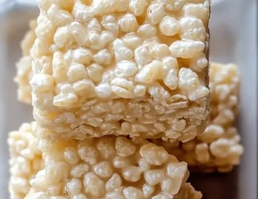 Gourmet caramelized white chocolate rice crispy treats on a decorative plate
