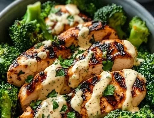 Grilled chicken and broccoli bowls with creamy garlic sauce on a plate