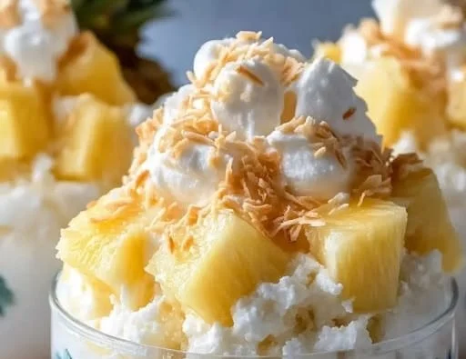Delicious Hawaiian pineapple coconut fluff dessert in a bowl