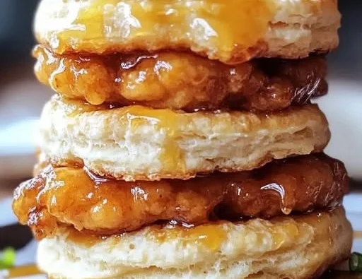 Hot Honey Chicken Biscuits served with a drizzle of spicy honey