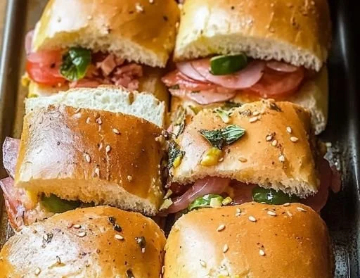 Hot Italian sub sliders with fresh ingredients and melted cheese on mini buns.