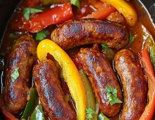 A delicious serving of crockpot sausage and peppers on a plate.