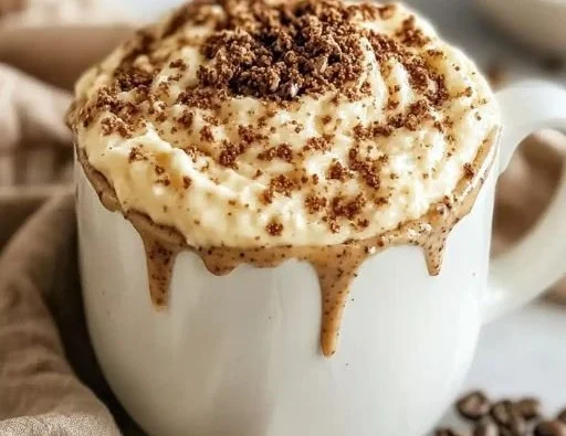 Keto coffee cake mug cake served in a white mug