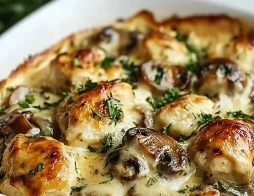 Keto Garlic Mushroom Chicken Casserole topped with cheese and herbs