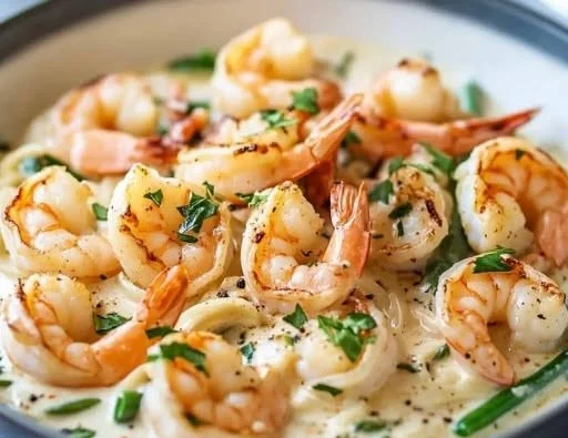 Keto Shrimp Alfredo dish with asparagus in a creamy sauce