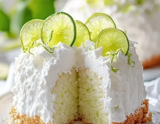 Delicious key lime angel food cake topped with zesty lime frosting