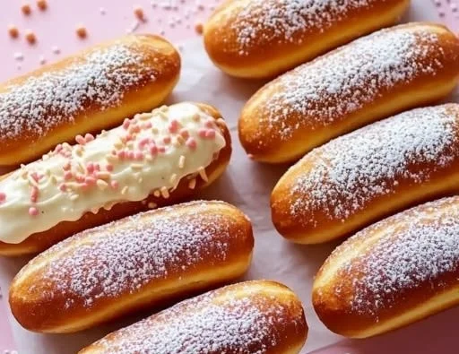 Homemade long donuts with chocolate cream filling on a plate