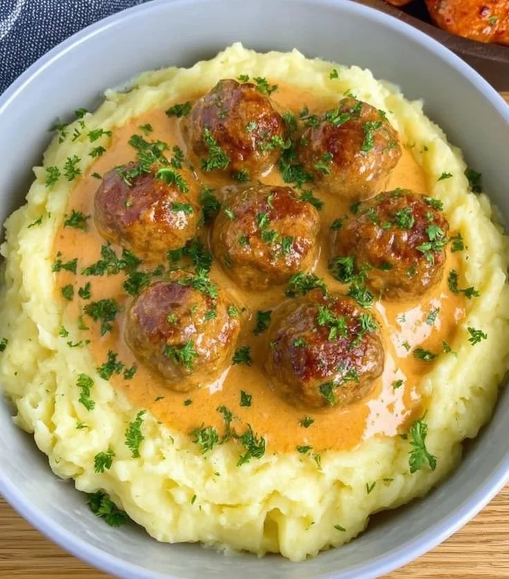 Meatballs in creamy sauce served with mashed potatoes on a plate