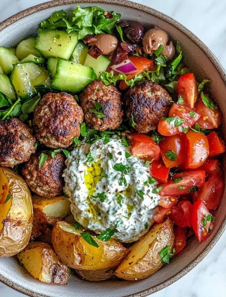 Mediterranean Beef Meatball Bowl served with fresh herbs and grains