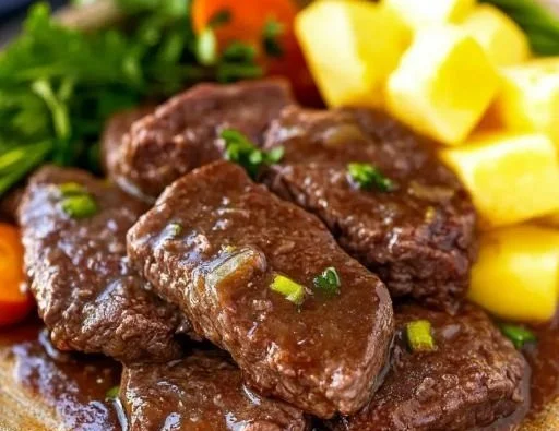 Melt-in-your-mouth Slow Cooker Mississippi Beef cubed steaks served on a plate.