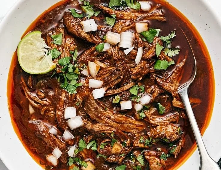 A bowl of Mexican Beef Birria with tender meat and flavorful broth