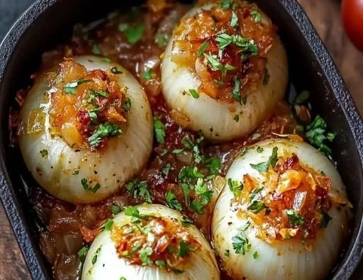 Middle Eastern stuffed onions served with herbs and spices