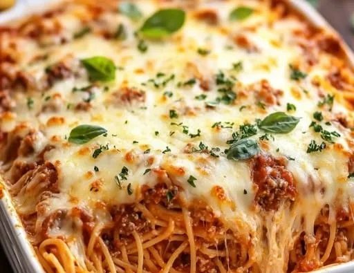 Delicious million dollar spaghetti casserole dish served with cheese and herbs