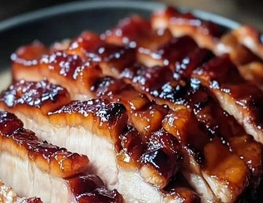 Delicious Char Siu Pork dish on a plate, showcasing Chinese BBQ cooking style.