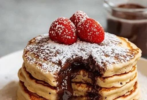 Delicious stack of Nutella pancakes topped with chocolate syrup and strawberries