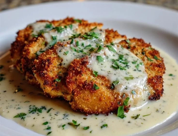 Parmesan Crusted Chicken served with creamy garlic sauce on a plate