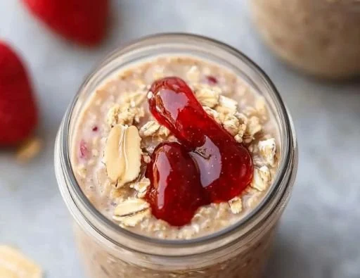Peanut Butter and Jelly Overnight Oats in a jar with a spoon.