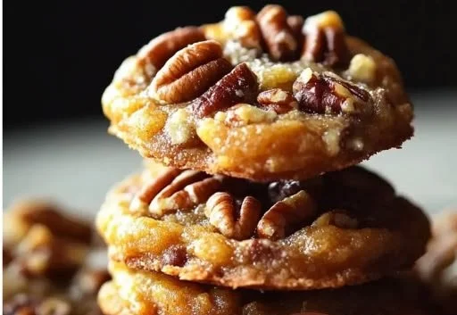 Chewy pecan pie cookies on a rustic wooden table with nuts and syrup