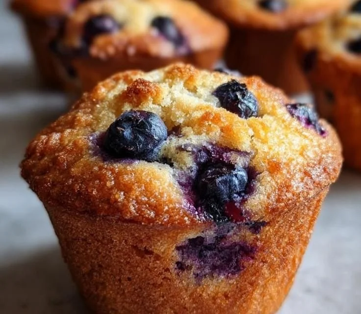 Moist and fluffy classic blueberry muffins fresh out of the oven