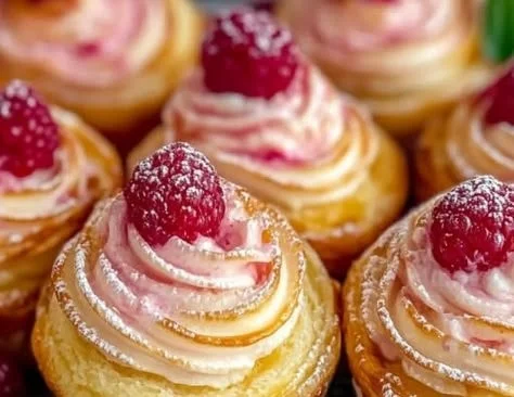 Homemade Raspberry Cream Cheese Cruffins on a baking tray, fresh out of the oven.