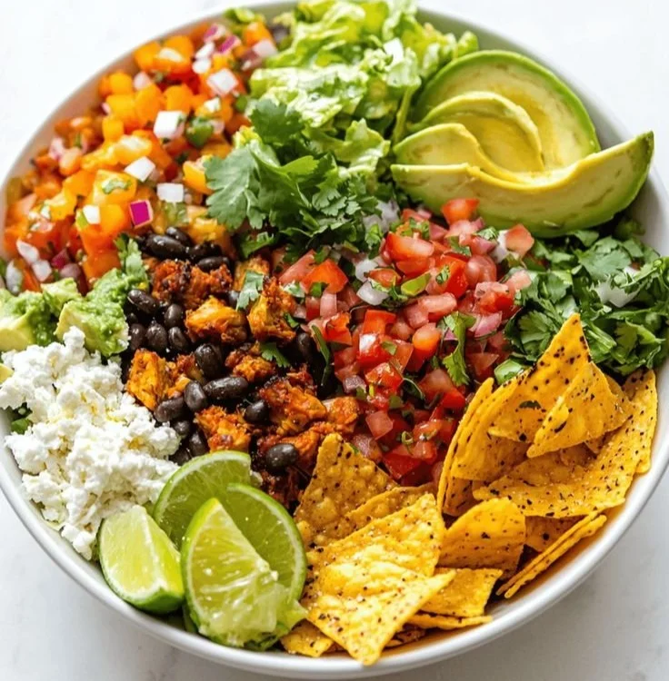 Roasted taco bowl with crispy chips and an array of fresh toppings