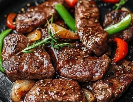 Savory black pepper steak served with vegetables on a plate