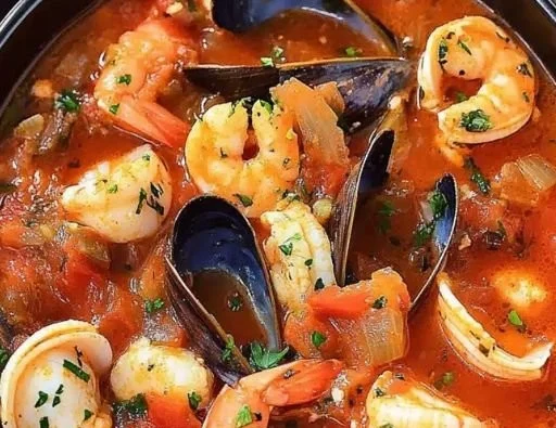 Bowl of savory cioppino seafood stew with shrimp, fish, and vegetables
