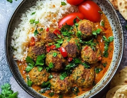 Savory falafel curry served in a bowl, garnished with fresh herbs.