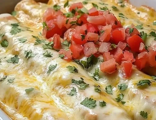 Delicious queso chicken enchiladas topped with creamy cheese sauce and garnished.