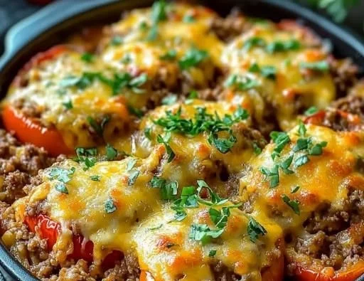 Savory stuffed bell pepper casserole served in a cozy family setting