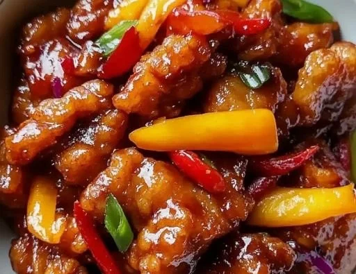 Delicious sweet and sour pork dish served on a plate with colorful vegetables.