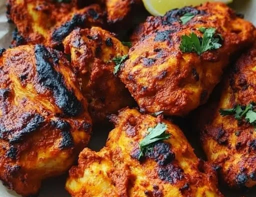 Savory tandoori chicken served with spices and herbs on a plate