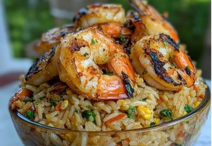 Plate of seafood fried rice with shrimp, crab, and colorful vegetables