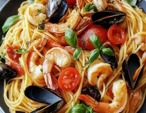 Bowl of Seafood Spaghetti with shellfish, freshly prepared in 30 minutes