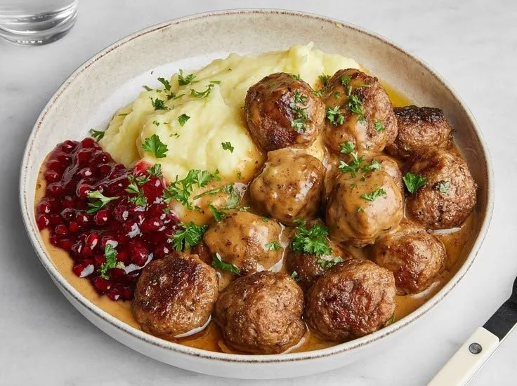 Delicious plate of Seb's childhood Swedish meatballs served with creamy sauce.