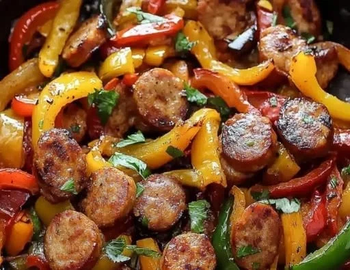 Sizzling sausage and peppers skillet on a vibrant kitchen table