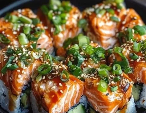Spicy salmon sushi bake served in a dish, showcasing a delicious topping and texture.
