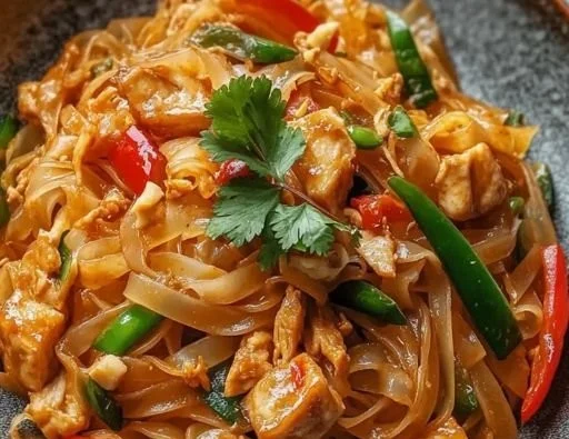 Street style Thai Drunken Noodles with vibrant vegetables and bold sauces