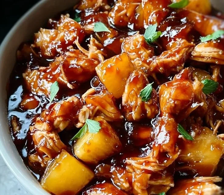 Sweet Hawaiian Crockpot Chicken in a bowl garnished with green onions.
