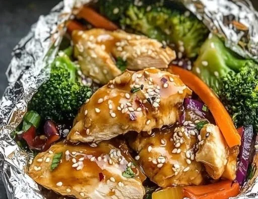 Delicious teriyaki chicken foil packet dinner with vibrant vegetables.