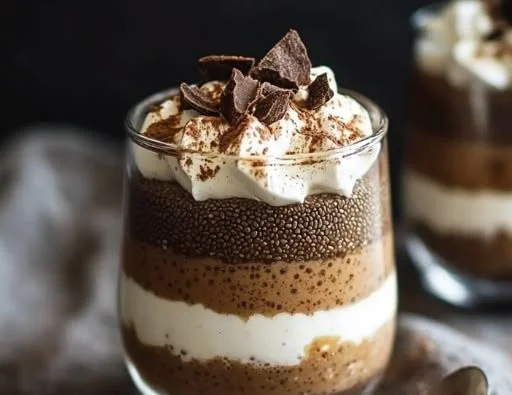 Delicious tiramisu chia pudding with Greek yogurt on a rustic wooden table