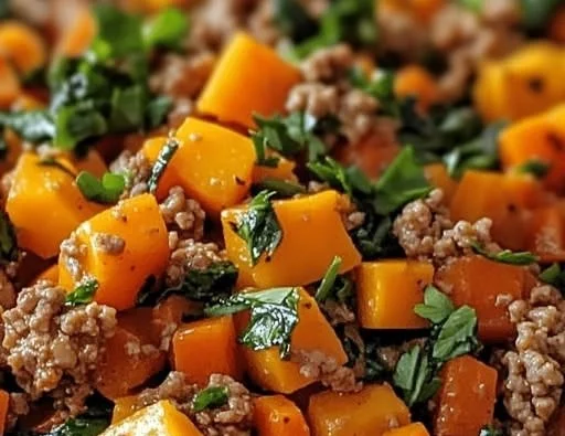 Turkey Sweet Potato Skillet served in a frying pan with fresh herbs