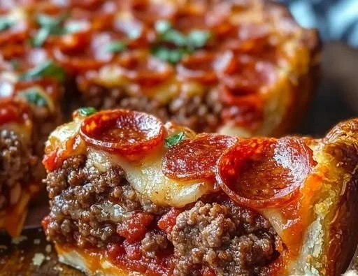 Ultimate Deep-Dish Hamburger topped with sausage and pepperoni pie
