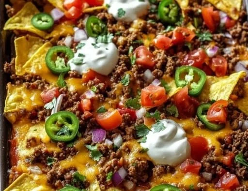 Ultimate sheet pan nachos with ground beef, cheese, and toppings for game day.