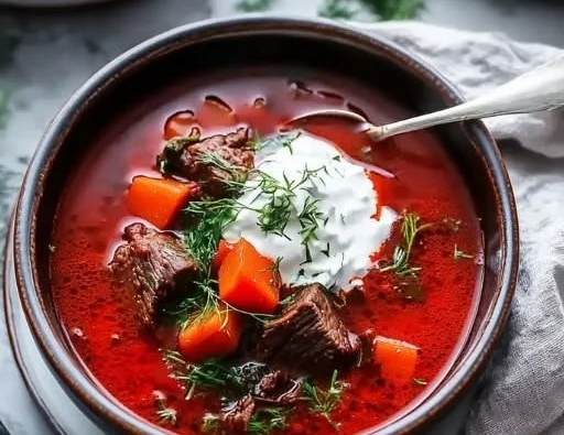 Bowl of hearty borscht soup with beef, perfect for cozy nights.