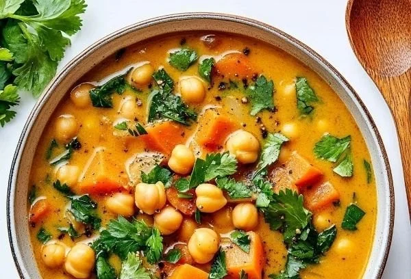 A bowl of 20-minute simple chickpea soup garnished with herbs.