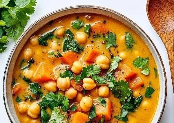 Bowl of quick and easy chickpea soup made in 20 minutes