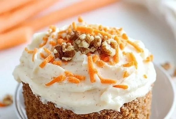 5-Minute Keto Carrot Cake Mug Cake in a white mug on a wooden table.