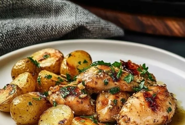 Delicious Garlic Parmesan Chicken served with crispy potatoes