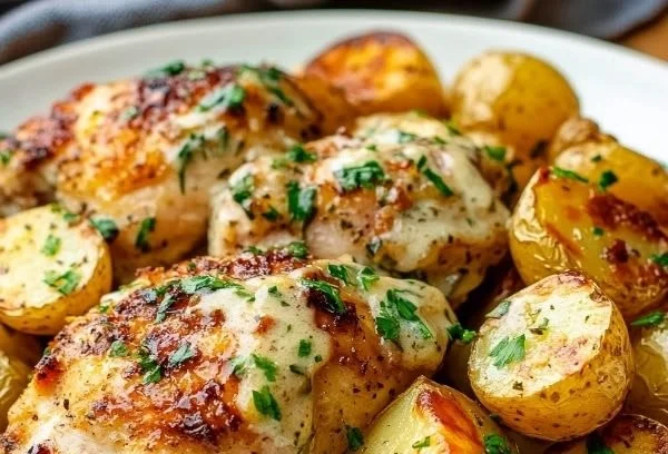 Delicious garlic parmesan chicken served with roasted potatoes